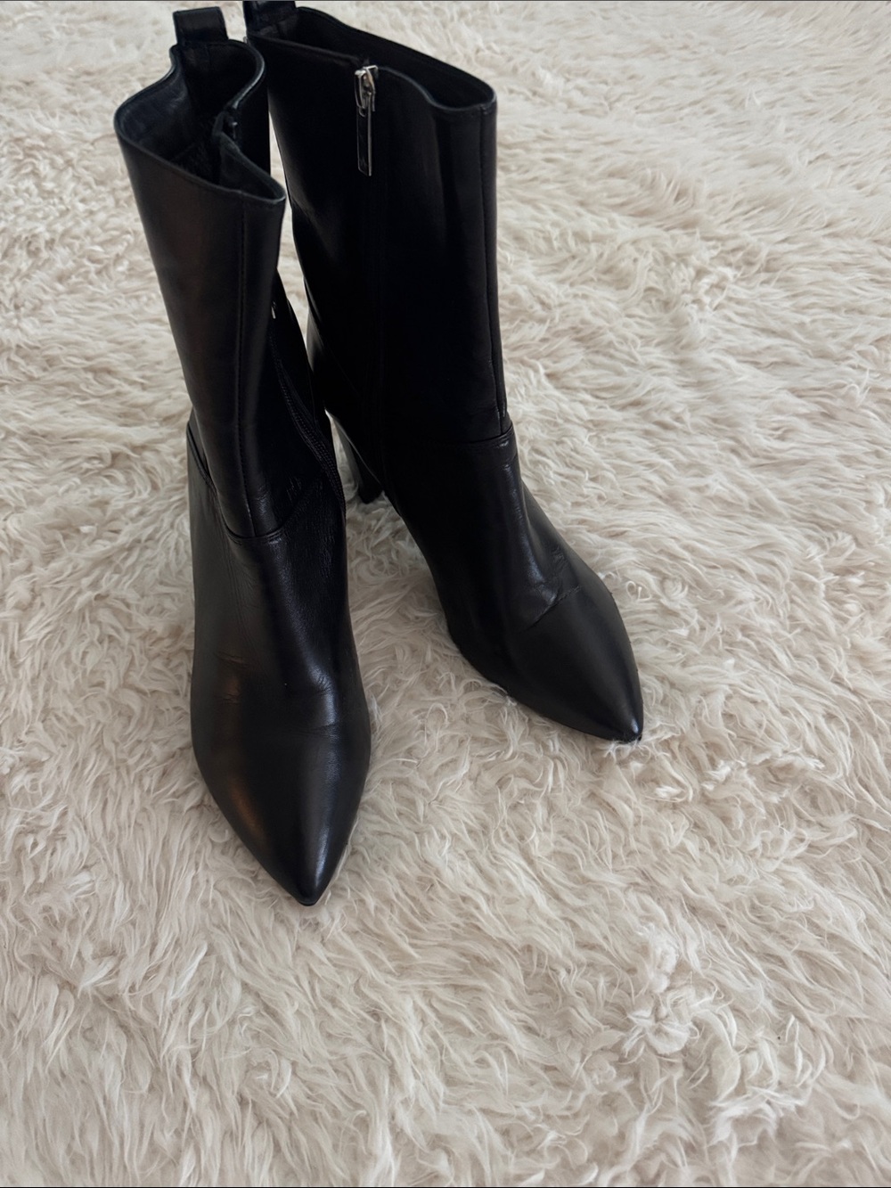 Aquatalia Black Pointed-Toe Mid-Calf Leather Boots